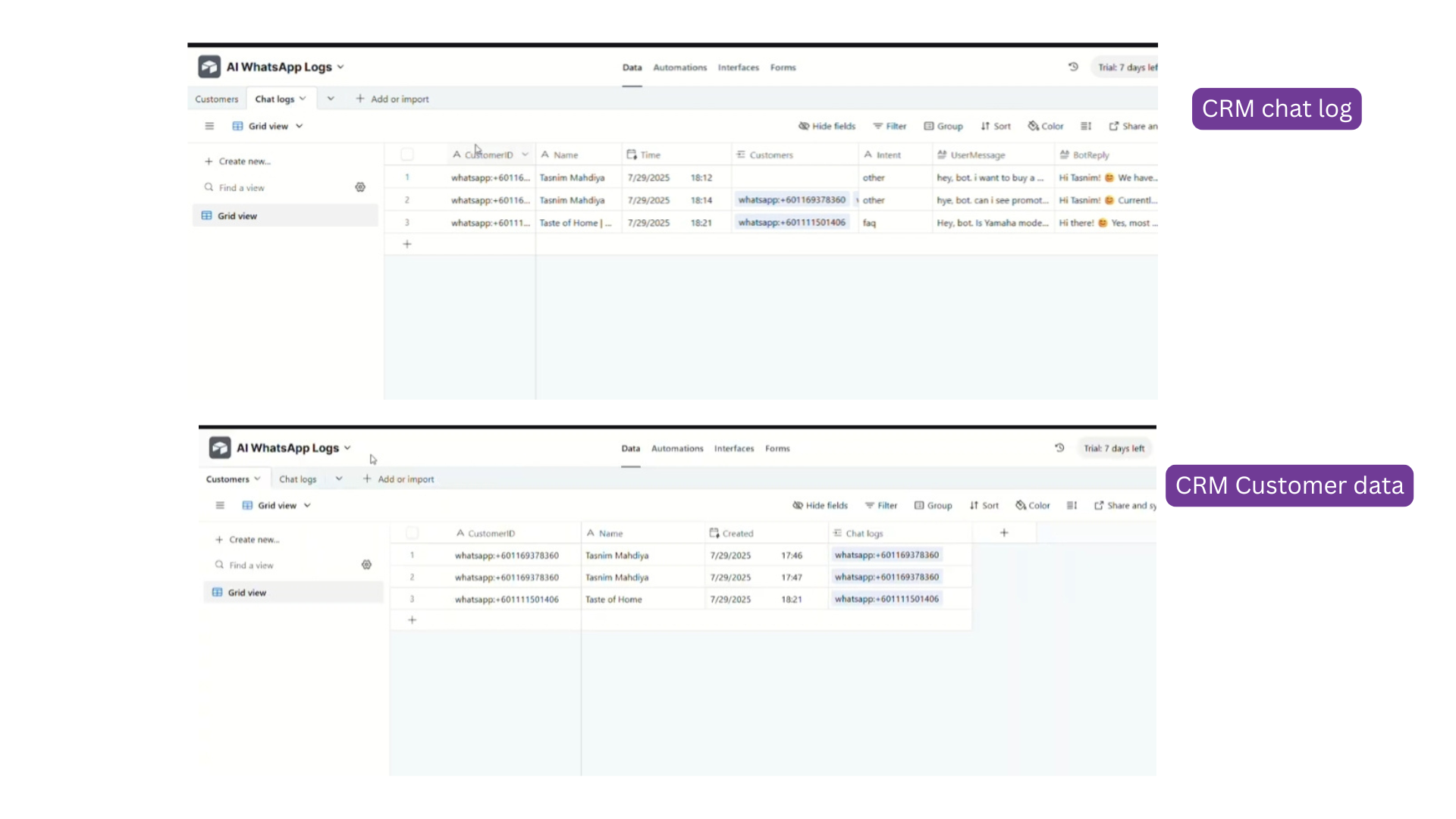 CRM Integration Demo showing customer data logging and interaction tracking